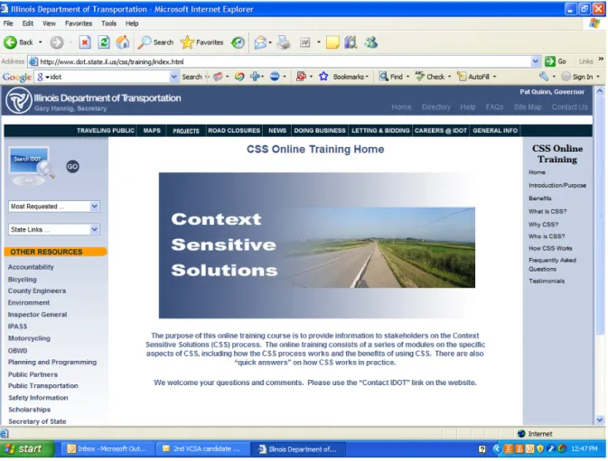 Figure 1 shows the layout of the CSS Training website.  All of the website materials  were provided to IDOT for deployment on their Internet site