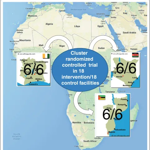 Figure 1 Map of the Systems Analysis and Improvement Approach (SAIA) study countries. Intervention and comparison facilities splitequally across the three study countries (six intervention and six comparison facilities per country).