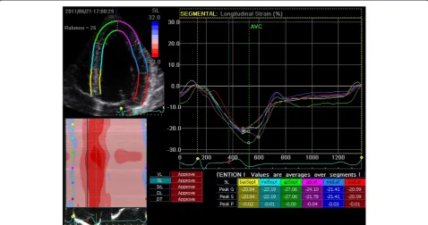 Figure 1 2D-Strain analysis of the left ventricle in the apical two chamber view with average values for peak systolic strain (Peak S)peak global strain (Peak G) and peak positive strain (Peak P) over each segment.