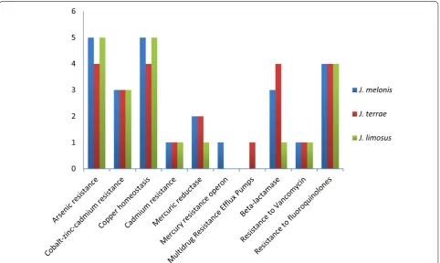 Fig. 1 Genes responsible for antibiotic resistance and toxic compounds. The figure represents comparison about the numbers of genes present in various subsystems among three strains, J