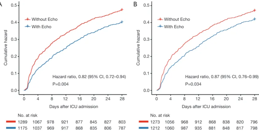 Figure 2 Cumulative hazard of 28-day mortality in the echo group vs. the without echo group.