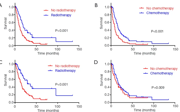 Figure 1 Radiotherapy (A) and chemotherapy (B) were prognostic indicators in OS, and radiotherapy (C) and chemotherapy (D) were prognostic indicators in CSS