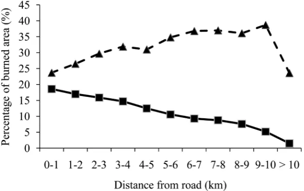 Figure 6. Burned area in relation to distance from roads in shrubland (triangle with dot-ted line) and in peat swamp forests (square with solid line)