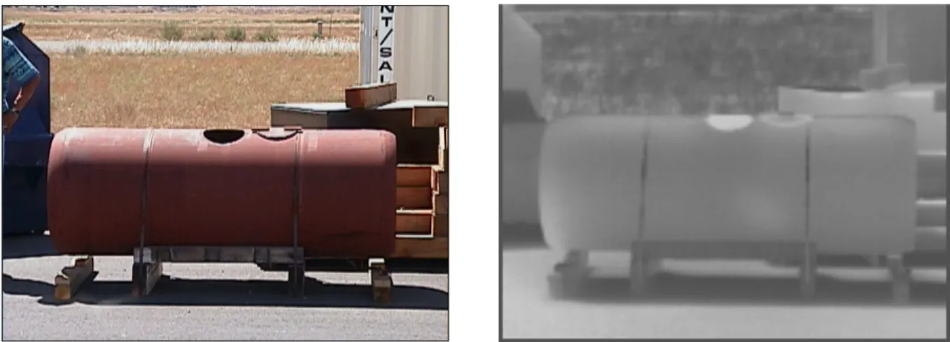 Figure 4-1.  Empty Test Container Visible Image is Shown on the Left and the Associated Thermal Image is Shown  on the Right