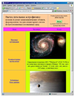Fig. 5.   Base page of the section of the ICC “Astra” “Computational  astrophysics: simulation of the dynamics of processes in the inter-galactic gas 