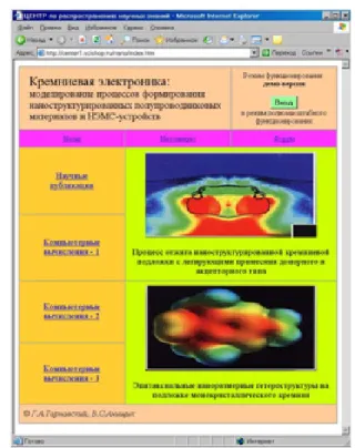 Fig. 6.   Base page of the ICC “Nano” “Microelectronics: computer support  of the design of nano-structured semiconductor materials”