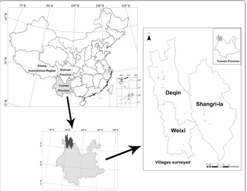 Figure 1 Location of the area covered in an investigation into the wild edible plants used by Tibetans in the Shangri-la region,Yunnan, China.