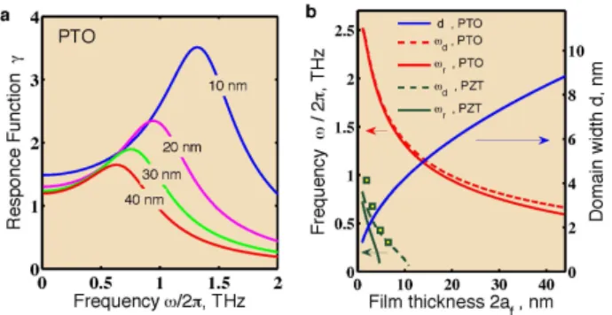 FIG. 3. Resonance in the PDT. (a) Resonance behavior of the am- am-plitude of the response function |γ(ω)| for different film thickness of the PTO