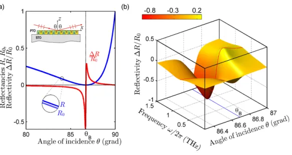 FIG. 4. Reflection characteristics of the PDT. The p-polarized THz beam reflects from the 2a f ' 30 nm-thick PTO film deposited on the STO dielectric substrate