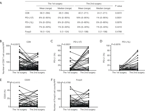 Figure 2 Changes in the quantities of CD8, PD-L1, CD20, and Foxp3-positive lymphocytes and PD-L1-positive tumor cells