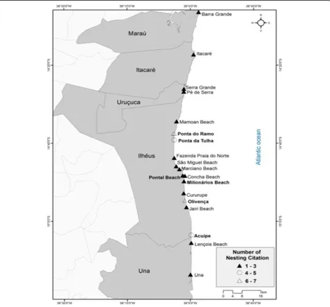 Figure 3 Nesting areas in southern Bahia according to the interviewed experts (N = 30).