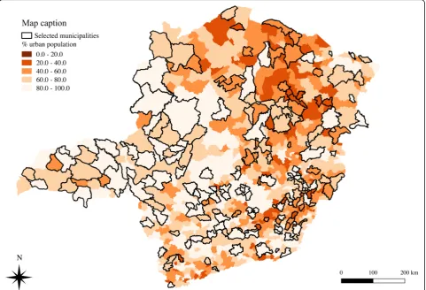 Fig. 1 Percentage of population living in urban areas in each Municipality of Minas Gerais state and selected municipalities investigated in the survey