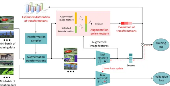 Figure 1: An overview of the proposed MetaAugment. The augmentation policy network outputs the weights of the augmented image losses and is learned to evaluate the effectiveness of different transformations for different training images via  meta-learning,