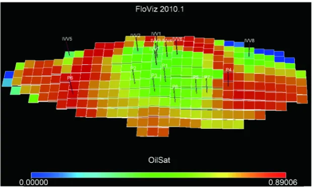 Figure 2. Grid showing oil sat profile at simulation start. 