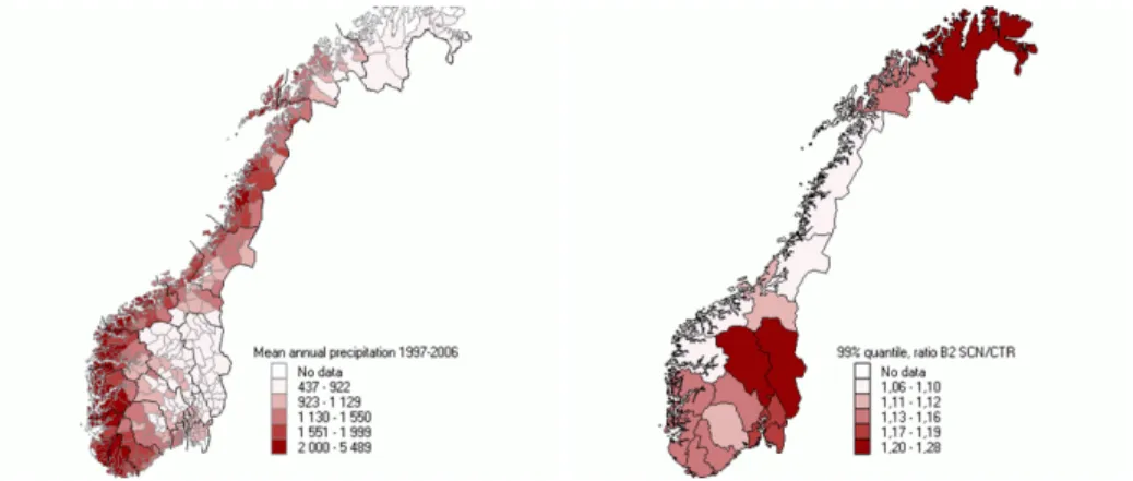 Figure 2: Left: Mean annual precipitation (in mm) over the model pe- pe-riod 1997 – 2006