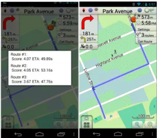 Figure 4: Themis application interface. The left screenshot shows three possible routes ordered by their scores and ETAs
