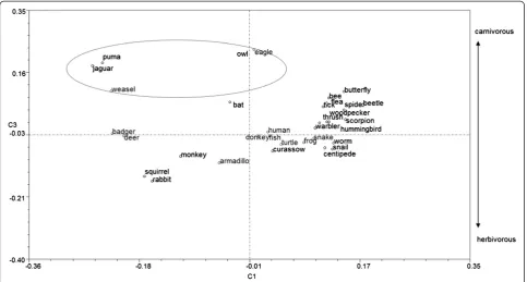 Figure 6 A three-dimensional graph for three Zapotec judgments concerning eight animals, illustrating multidimensional modelling ofethnozoological classification.