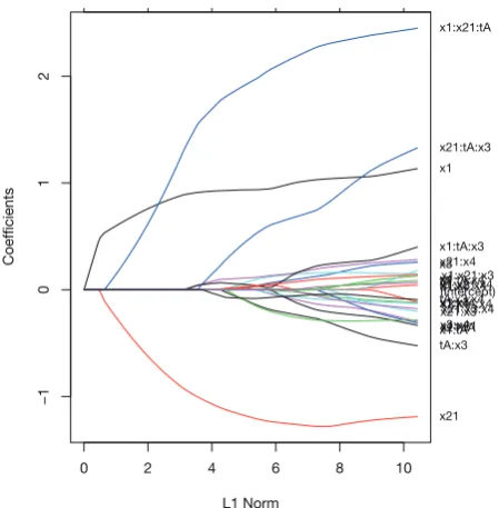 Figure 2 Coefficient path at different L1 Norm values. The coefficients including interaction terms shrink with decreasing values of L1 Norm (more panelized)
