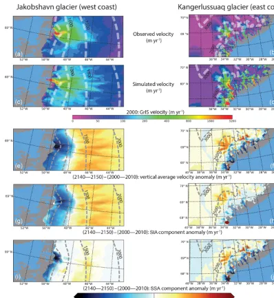 Figure 7. Regional zoom over the Jakobshavn (left panels) and the Kangerlussuaq (right panels) glaciers for the 2W experiment