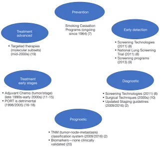 Figure 1 Diagram summarizing major areas of development for lung cancer standards of practice.• Biomarkers—none clinically validated (20)