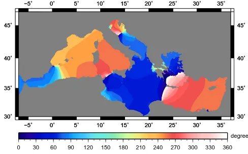 Fig. 7. Phase of the S2 constituent (degrees relative to UTC).