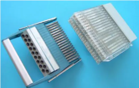 Fig.  1:  left  to  right:  knife-blade  test  switch,  finger- finger-safe test block with individualized test access through  integrated contact pins 