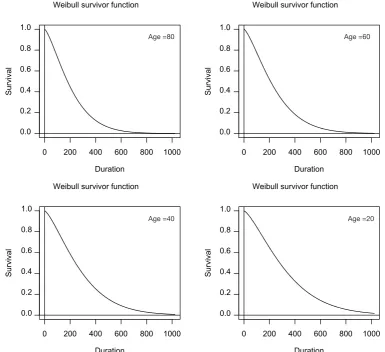 Figure 2 Graphical display of the output of Weibull regression model. The four survivor function plots correspond to ages of 80, 60, 40 and 20