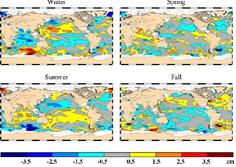 Fig. 7.Seasonal variation of the differences between SLA andDHA. Boxes with less than 10 observations are masked.