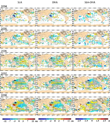 Fig. 8. Annual variations of SLA, DHA, and SLA-DHA for the years 2004 to 2008. Boxes with less than 20 observations (5 observationsfor each season, see text) are masked.