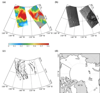 Figure 1. (a) MODIS cloud fraction (%), (b) SAR backscatter coefﬁcient image, and (c) MODIS sea ice leads in the highlighted area (thenorthern Beaufort Sea) as shown by the box in (d) on 11 April 2015.