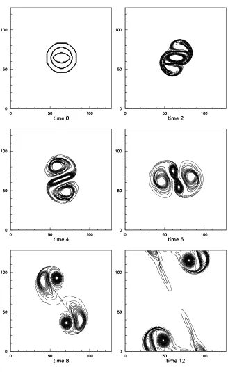 Fig. 4. (b) Behavior about a separatrix: perturbed state, e=0.00290. Successive snapshots of the vorticity ﬁeld (r3 = 0.9325), N = 256.The contour interval is 2.4.