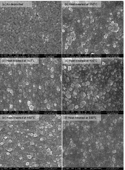 Fig. 11 SEM images of CdS grown at 1455 mV (a) as-deposited and after heat treatment at (b) 250, (c) 350, (d) 400, (e) 450 and (f) 550oC in air for 20 min