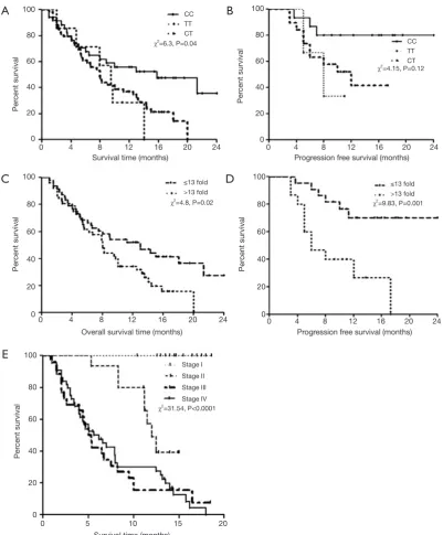 Figure 2 Kaplan-Meier survival curves with respect to HER2 (-3444C/T) genotype. (A) Overall survival with respect to CC, CT and TT genotype; (B) progression free survival with respect to CC, CT and TT genotype; (C) overall survival with respect serum HER2 mRNA expression; (D) progression free survival with respect serum HER2 mRNA expression; (E) overall survival with respect to TNM stage of NSCLC patients.