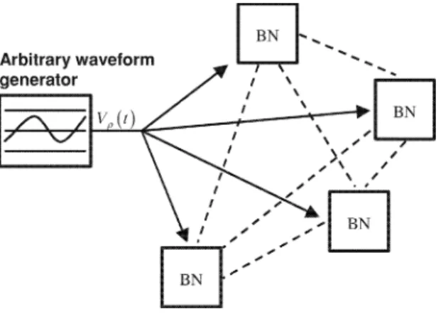 Fig. 15. Network of the BNs sharing the same driving signal. The dotted lines represent coupling between the BNs.