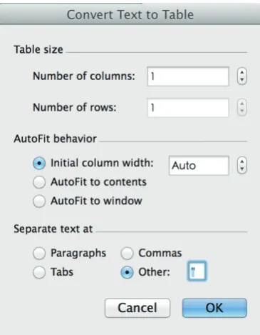 Figure 2 Settings in Microsoft Word to convert text to table. Note that the double quote mark is used to separate text