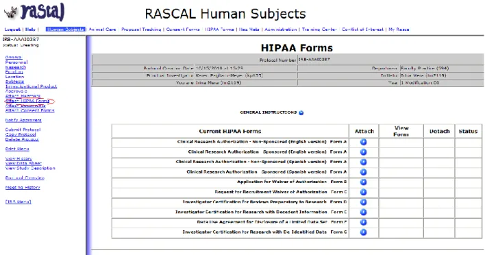 Figure 5.  HIPAA Form Attachment Screen (in Human Subjects Module). 