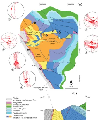 Figure 2. (a, b) Geological map of the central sector of the Montagna dei Fiori Anticline and cross section oriented parallel (a–b) to the hingeline representing the tectonostratigraphic architecture of the faulted anticline (modiﬁed after Storti et al., 2