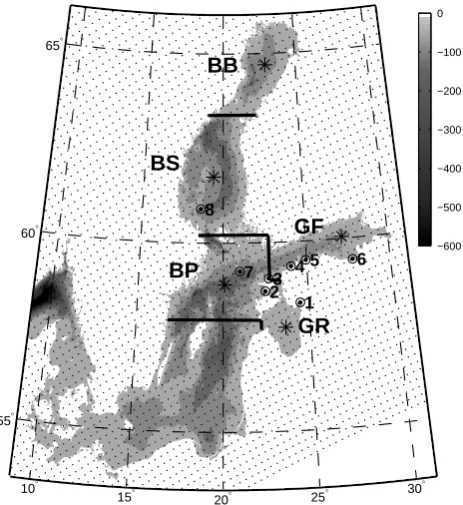 Fig. 1. Bottom topography of the Baltic Sea (in m). Small blackdots show the SIDADS-data grid