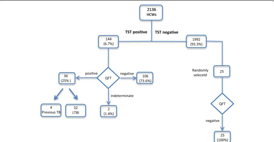 Fig. 1 Study population flow chart. HCWs: Healthcare Workers; TST: Tuberculin Skin Test; QFT: Quantiferon; TB: Tuberculosis; LTBI: LatentTuberculosis Infection
