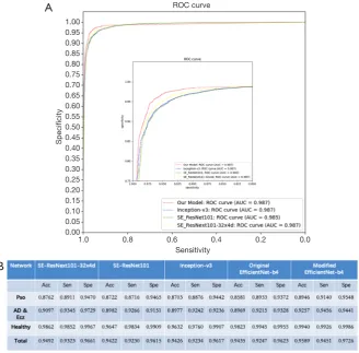 Figure 3 Performance of CNNs for the validation. (A) ROC curves with sensitivity as x-axis and specificity as y-axis
