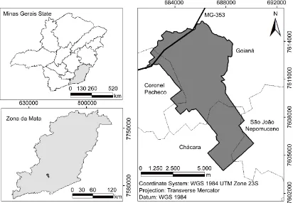 Figure 1. Study area location (Dênis Gonçalves Settlement Project, meso-region Zona da Mata/Minas Gerais)