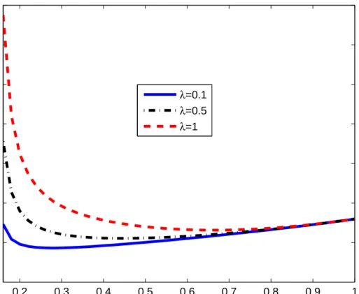 Figure 9: The Relative Volatility of Consumption Growth to Income Growth under RB and RI 0.2 0.3 0.4 0.5 0.6 0.7 0.8 0.9 100.20.40.60.811.21.4 θ λ =0.1λ=0.5λ=1