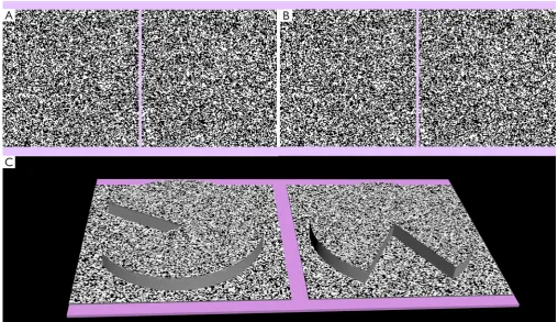Figure 2 Simulation diagram of test symbols. (A) Page viewed by the left eye; (B) page viewed by the right eye; (C) when (A) and (B) were fused correctly with two eyes, and the target symbol would appear out of the plane