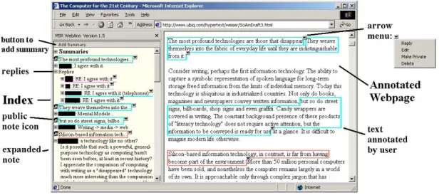 Figure 1: WebAnn interface embedded in Internet Explorer. On the right is the webpage being annotated, on the left is the index of notes and replies