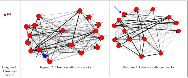 Table 1 is an example of the egonet diagrams for one participant before, at two weeks, and six weeks of the workshop