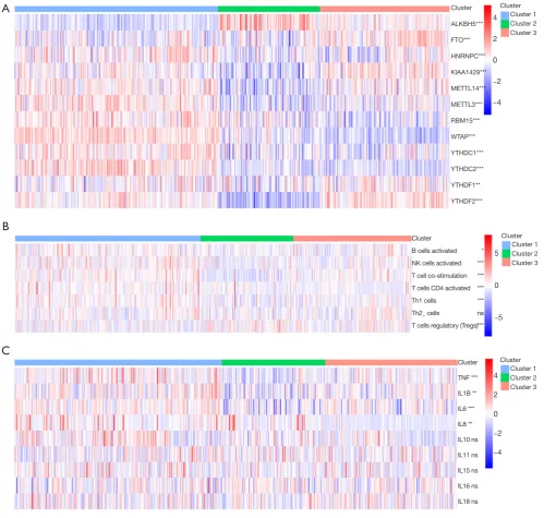 Figure 3 The heterogeneity of m6A regulators distribution and difference of host response among subtypes