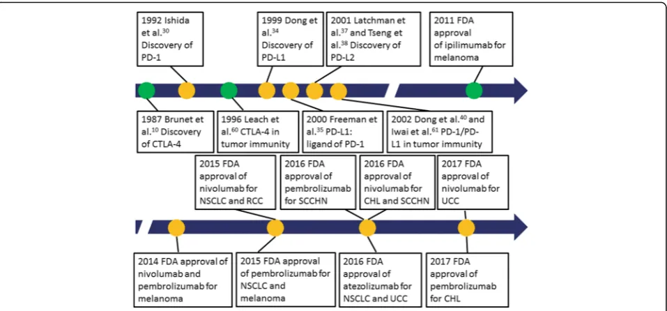Fig. 2 From discovery for immunocheckpoints to FDA approval of immunocheckpoint inhibitors