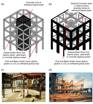 Figure 2.7  Hybrid systems, suitable for tall timber buildings up to 25 storeys; (a) Three-dimensional view of the whole resisting system in configuration No 1 (modified from Sakamoto et al