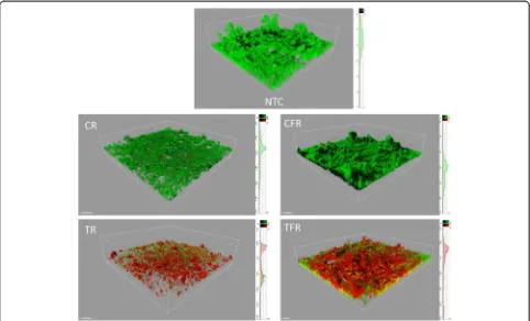 Fig. 3 Confocal microscopy of oral biofilms following exposure to test rinses. Biofilms were cultivated on hydroxyapatite surfaces inoculated withsaliva and exposed to mouthrinse formulations (final concentration, 100 %) containing CPC (TR) or CPC and fluo