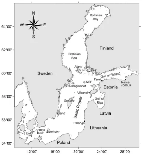 Fig. 1. Location scheme of the Baltic Sea and a selection of wavemeasurement and observation sites in the Baltic Proper and the Gulfof Finland.